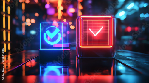 Futuristic glowing check marks in neon colors, representing digital validation and approval in modern technology.
