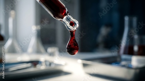 Red liquid drop falling from glass pipette in science lab