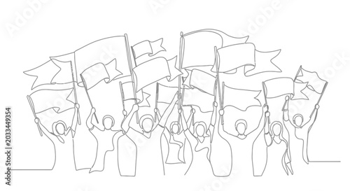 Tableau sur toile Group of people holding blank flags in protest or celebration, continuous line d