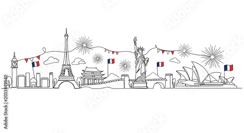 Global Landmarks Skyline Doodle with French Flags and Fireworks - Travel and Celebration