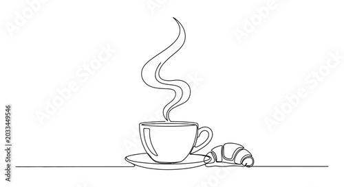 Minimalist single line drawing of a steaming coffee cup with a croissant on a saucer.