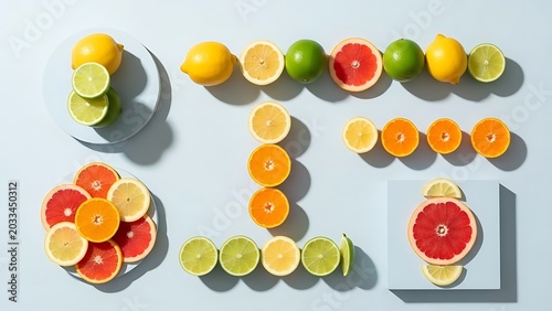 Minimalist Flat Lay of Colorful Citrus Fruit Slices and Whole Fruits on Blue Background