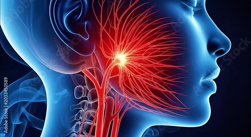 The human head and neck anatomy illustration shows a woman's profile with a glowing red nervous system.