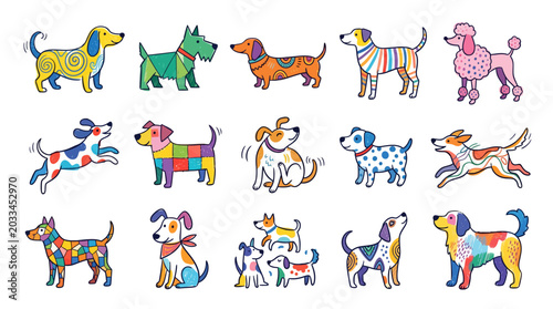 Set of abstract dogs, hand drawn, vector, colorful. 