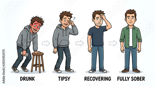 Man transforms from drunk to fully sober through recovering stages