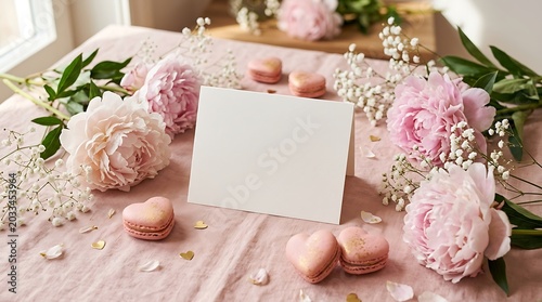 Blank greeting card with pink peonies and heart macarons on linen