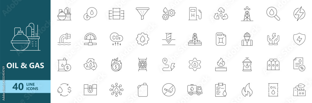 Fototapeta premium Oil & Gas Industry Icon Set. Energy Production Outline Collection. Editable Stroke. Vector Illustration