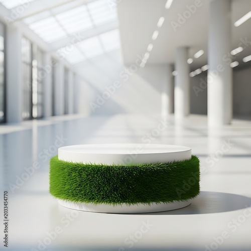 White Round Podium with Green Grass in Bright Minimalist Modern Hall