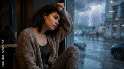 Sad thoughtful young woman looking out of window in cozy cafe during heavy thunderstorm with lightning drops on glass
