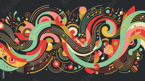 Music Inspired Abstract Art Background with Colorful Shapes and Flowing Lines for Creative Designs