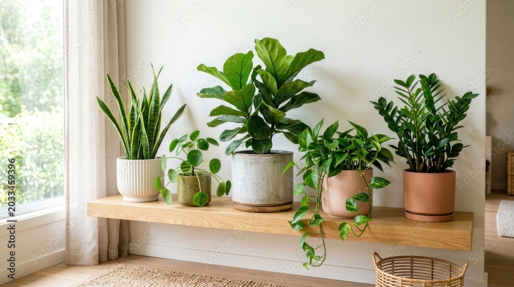 Fototapeta premium Four houseplants on a wooden shelf, including a snake plant, a fiddle leaf fig, a ZZ plant, and a pothos plant, with a white wall in the background.