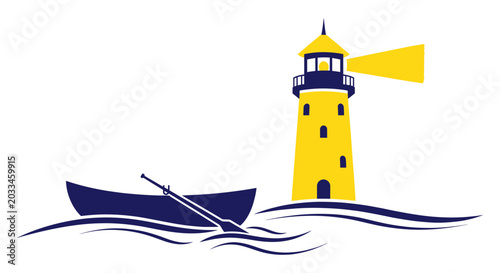 Foto Yellow lighthouse with a rowing boat, guiding light across the sea waves