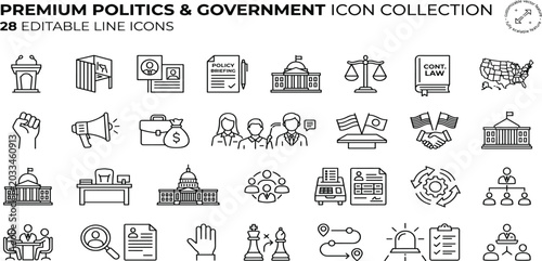 Foto politics and government line icon set featuring democracy, election, and public policy symbols