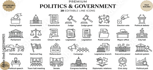 Tableau sur toile politics and government line icon set featuring democracy, election, and public policy symbols