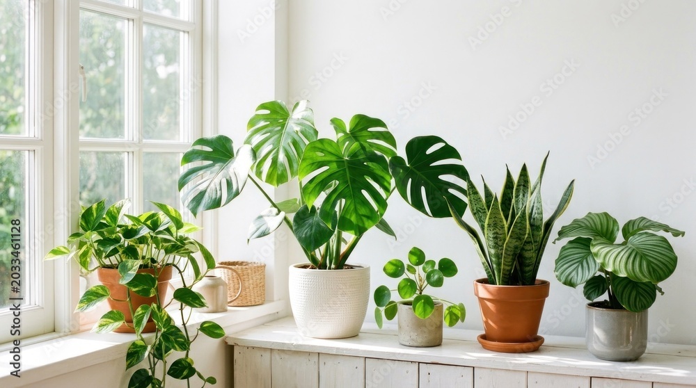 Fototapeta premium A variety of houseplants, including snake plants, pothos, and monstera, are arranged on a white shelf in front of a window with natural light streaming in.