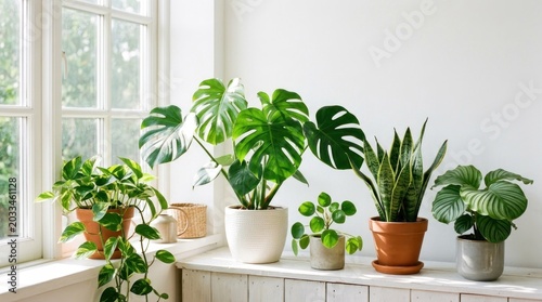 A variety of houseplants, including snake plants, pothos, and monstera, are arranged on a white shelf in front of a window with natural light streaming in.