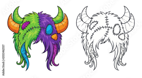 Foto Furry Monster Hat with Horns and Tassels - Color and Outline Versions