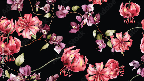 Floral seamless pattern featuring watercolor-style Lilium chalcedonicum lilie...