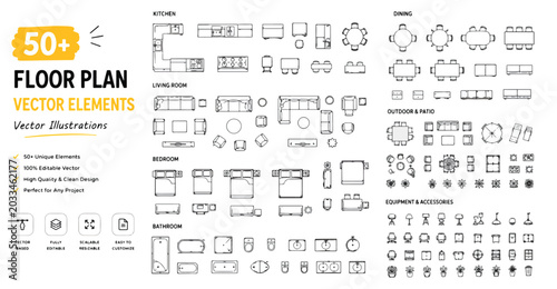 Fotografía Floor plan vector elements, 50+ architectural furniture symbols for interior des