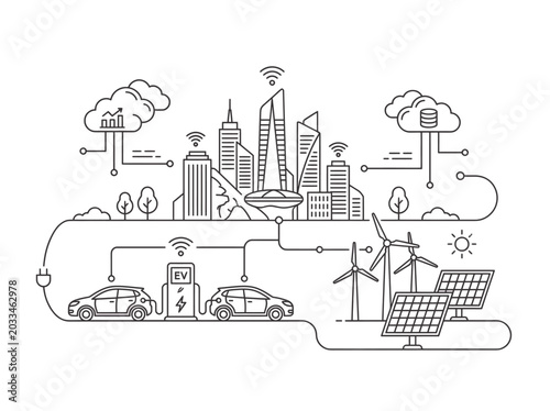 Smart City Renewable Energy Infrastructure Concept Illustration Featuring Electric Vehicles Wind Turbines and Solar Power Sources for Sustainability