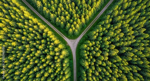 Aerial View of a Forest Crossroads With Three Paths Diverging Amidst Verdant Coniferous Trees