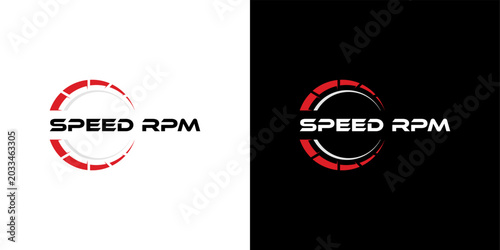 Modern Speed RPM Logo with Dynamic Tachometer Graphic on White and Black Backgrounds