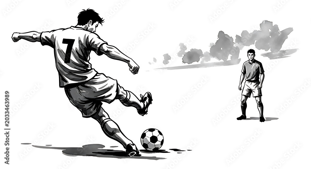 Fototapeta premium Black and white ink of a soccer player kicking a ball towards a goalkeeper on a white background, sports competition scene