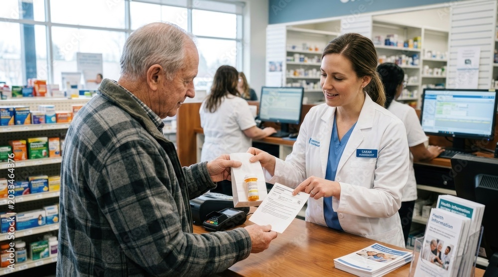 Fototapeta premium A pharmacist assisting an elderly man in a pharmacy, with a variety of medication and health-related literature on display.