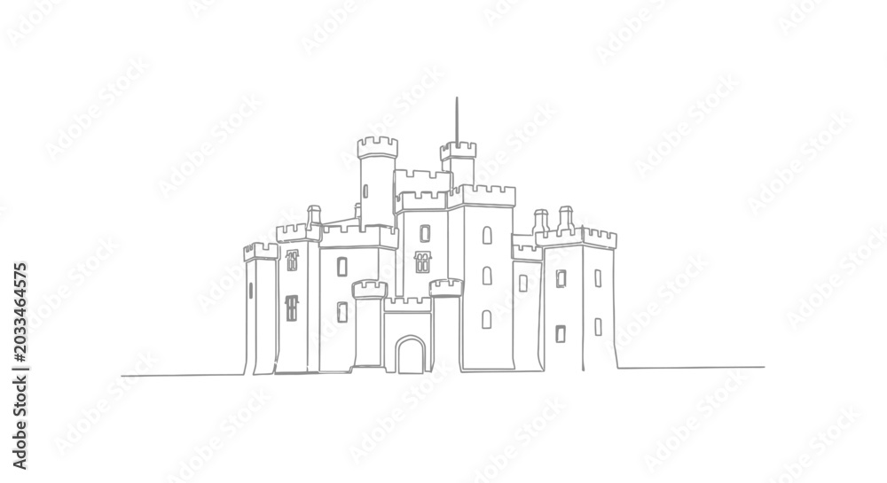 Naklejka premium Minimalist Castle Line Drawing, Medieval Fortress Outline, Isolated White Background