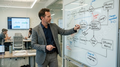 A man in a suit and tie, standing in a conference room, pointing to a whiteboard with a flowchart and diagrams.