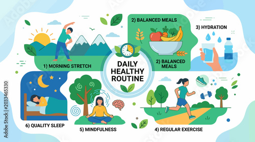 Daily Healthy Routine Infographic Illustration.