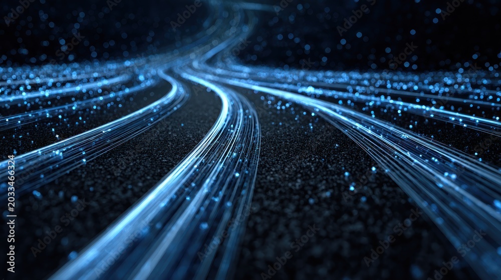 Fototapeta premium Glowing streams of light energy travel along dark, textured pathways into the distance