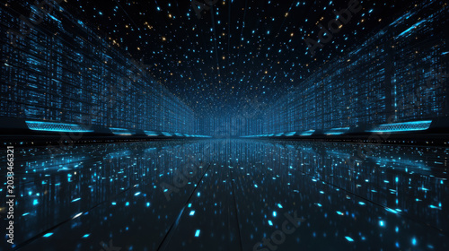 Futuristic digital landscape with glowing blue lights and reflective surfaces creates mesmerizing atmosphere. scene evokes sense of advanced technology and infinite possibilities