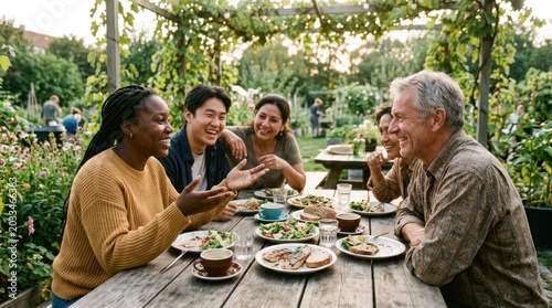 A group of people enjoying a meal outdoors, sitting around a wooden table with plates of food and drinks, engaged in conversation.