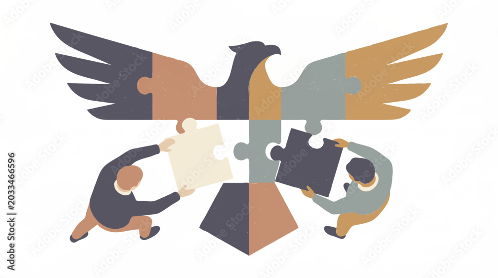 Fototapeta premium Modern vector art of unity, people building an eagle puzzle, symbolizing the profound honour of veterans day and every military soldier's unwavering dedication