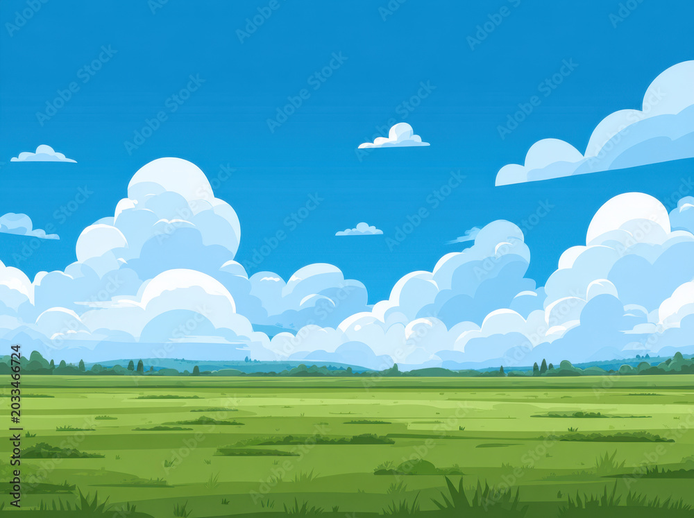Fototapeta premium Vibrant illustration of green meadow under bright blue sky filled with fluffy white clouds, creating serene and peaceful atmosphere. landscape evokes sense of tranquility and natural beauty