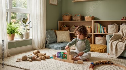 A young child playing with wooden blocks in a cozy, green-themed room with a window, plants, and a bookshelf.