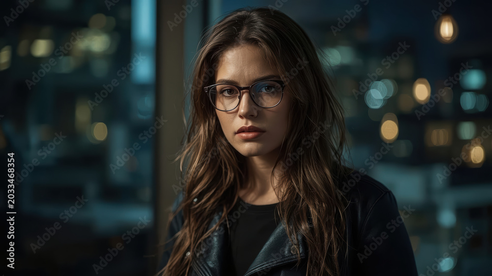 Obraz premium Young woman with glasses and leather jacket in moody urban night portrait