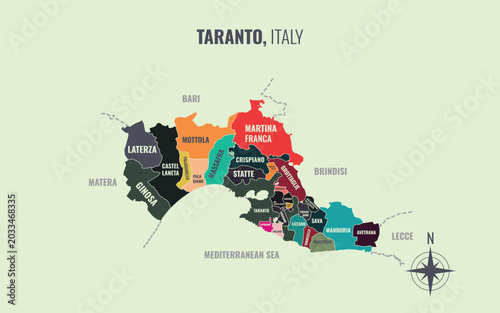 Tableau sur toile A map showing Taranto Italy Provincia into Comune in a minimalist colorful style