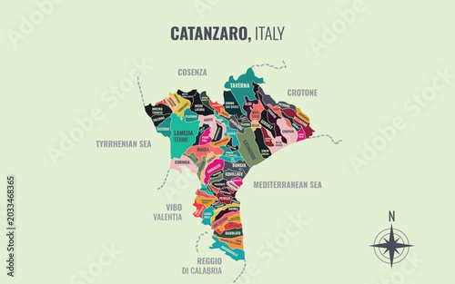 Photography A map showing Catanzaro Italy Provincia into Comune in a minimalist colorful sty