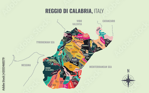 Obraz na płótnie A map showing Reggio Di Calabria Italy Provincia into Comune in a minimalist col