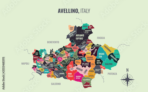 Bild auf Leinwand A map showing Avellino Italy Provincia into Comune in a minimalist colorful styl