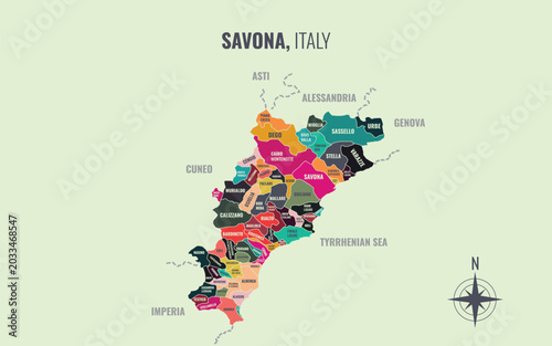 Tableau sur toile A map showing Savona Italy Provincia into Comune in a minimalist colorful style