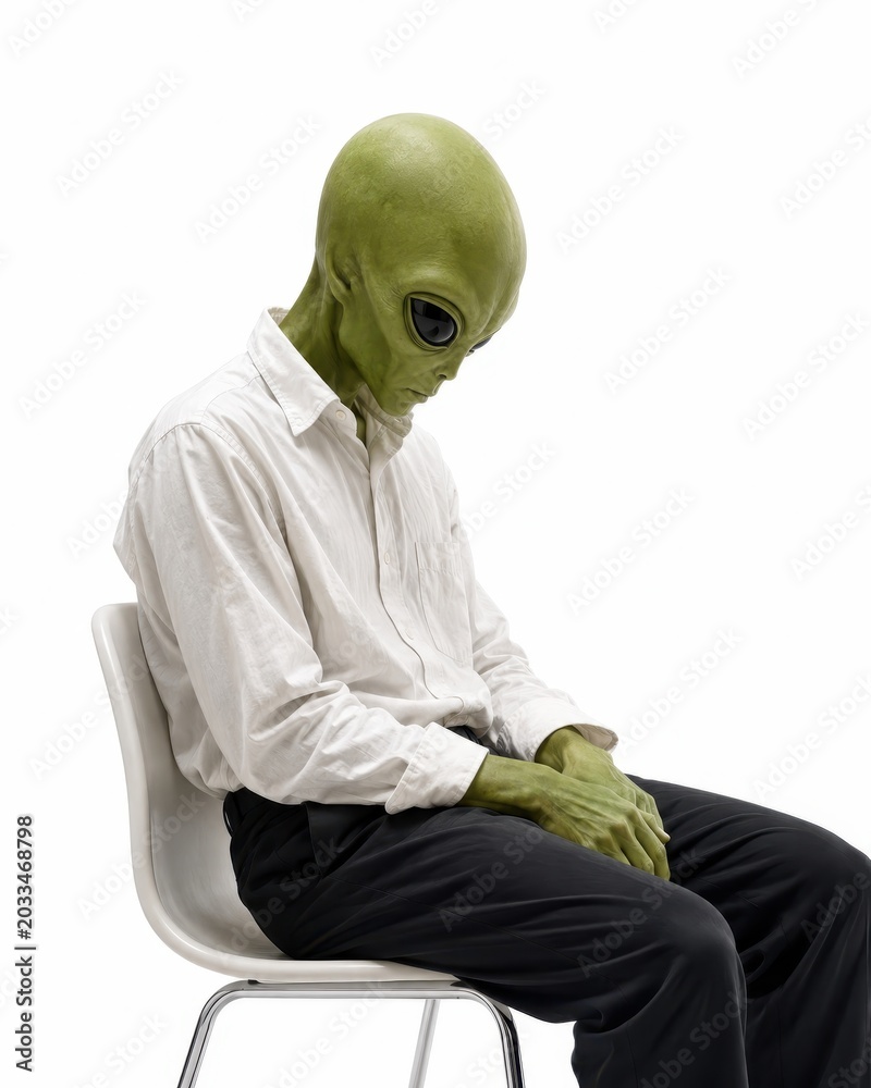 Obraz premium Sad green alien quiet office burnout concept loose white shirt and simple dark trousers sitting alone on a minimalist chair head gently lowered hands resting on lap