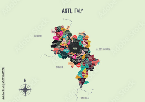 Canvas-taulu A map showing Asti Italy Provincia into Comune in a minimalist colorful style