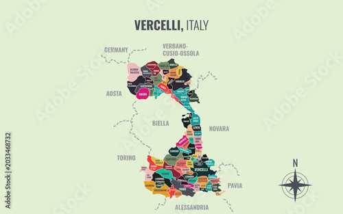 Photos A map showing Vercelli Italy Provincia into Comune in a minimalist colorful styl
