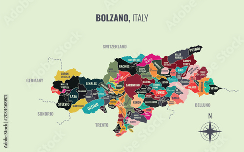 Cuadro en lienzo A map showing Bolzano Italy Provincia into Comune in a minimalist colorful style