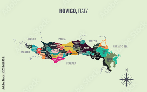 Tableau sur toile A map showing Rovigo Italy Provincia into Comune in a minimalist colorful style