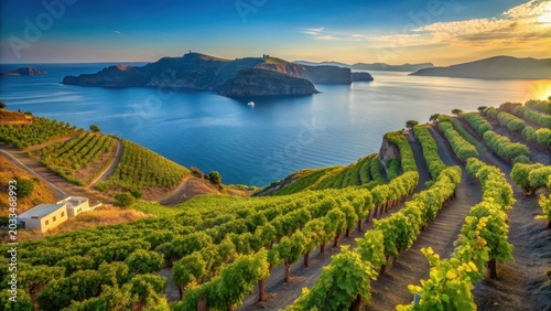 Picturesque vineyards overlooking the blue aegean sea on the island of santorini