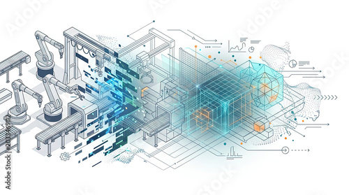 Visionary concept of digital transformation in manufacturing, showcasing smart factory automation, robotic systems, and data integration for Industry 4.0 processes